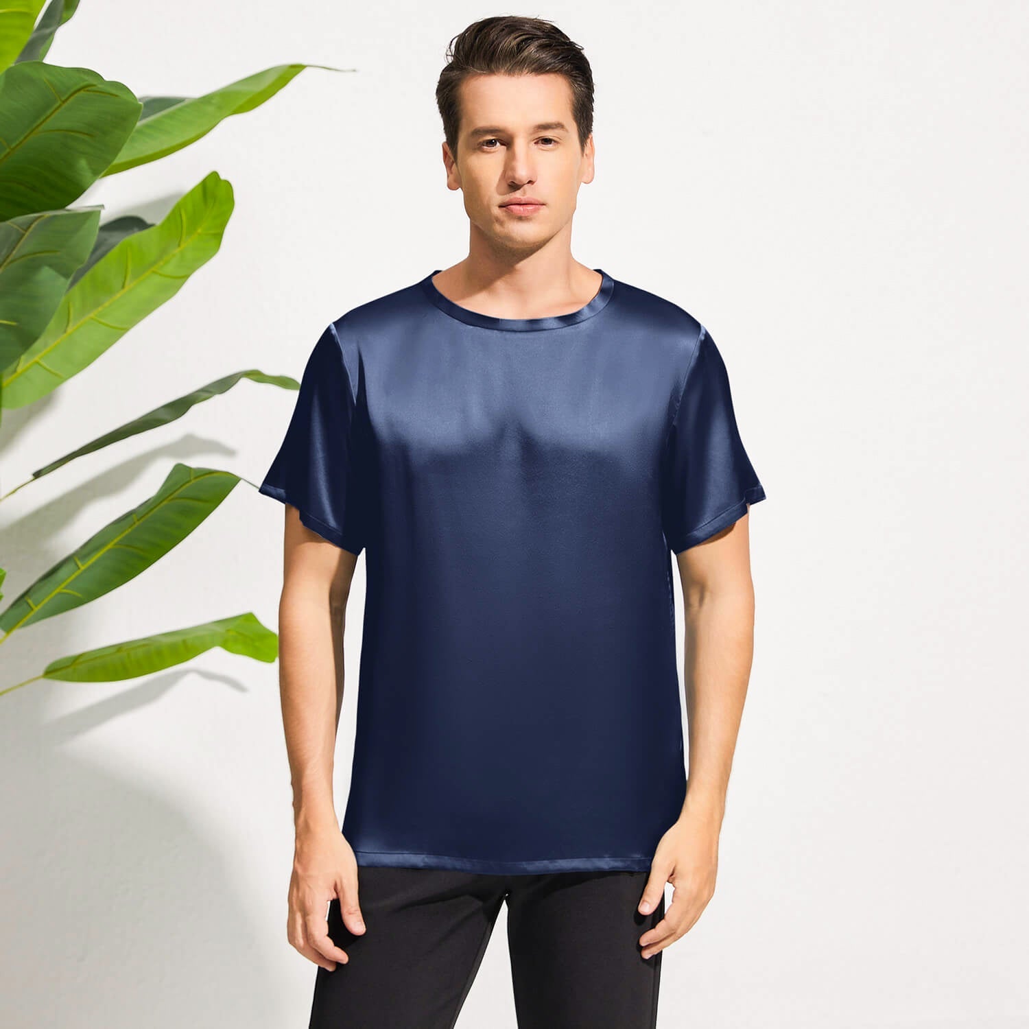 Mens Crew Neck Silk T Shirt Short Sleeve Silk Round Collar Tee White XS