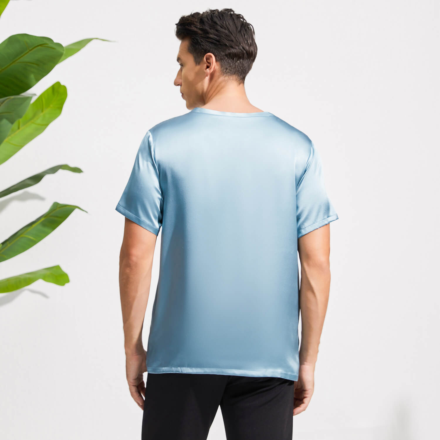 Mens Crew Neck Silk T Shirt Short Sleeve Silk Round Collar Tee Navy Blue XS