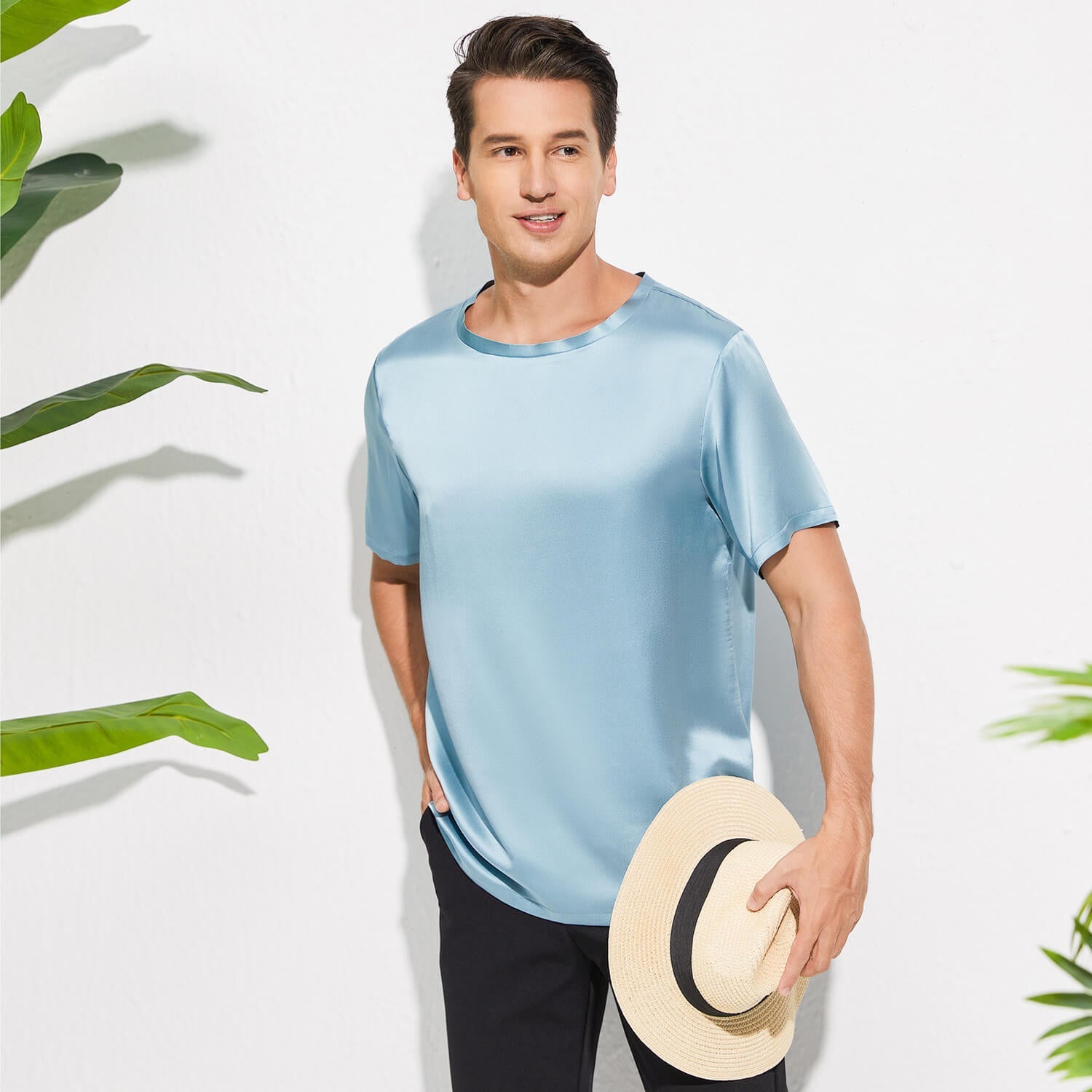 Mens Crew Neck Silk T Shirt Short Sleeve Silk Round Collar Tee Navy Blue XS