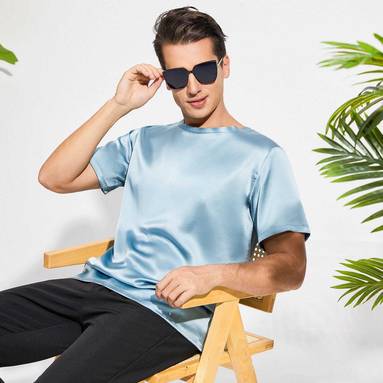 Mens Crew Neck Silk T Shirt Short Sleeve Silk Round Collar Tee Haze Blue XS