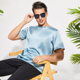 Mens Crew Neck Silk T Shirt Short Sleeve Silk Round Collar Tee Haze Blue XS