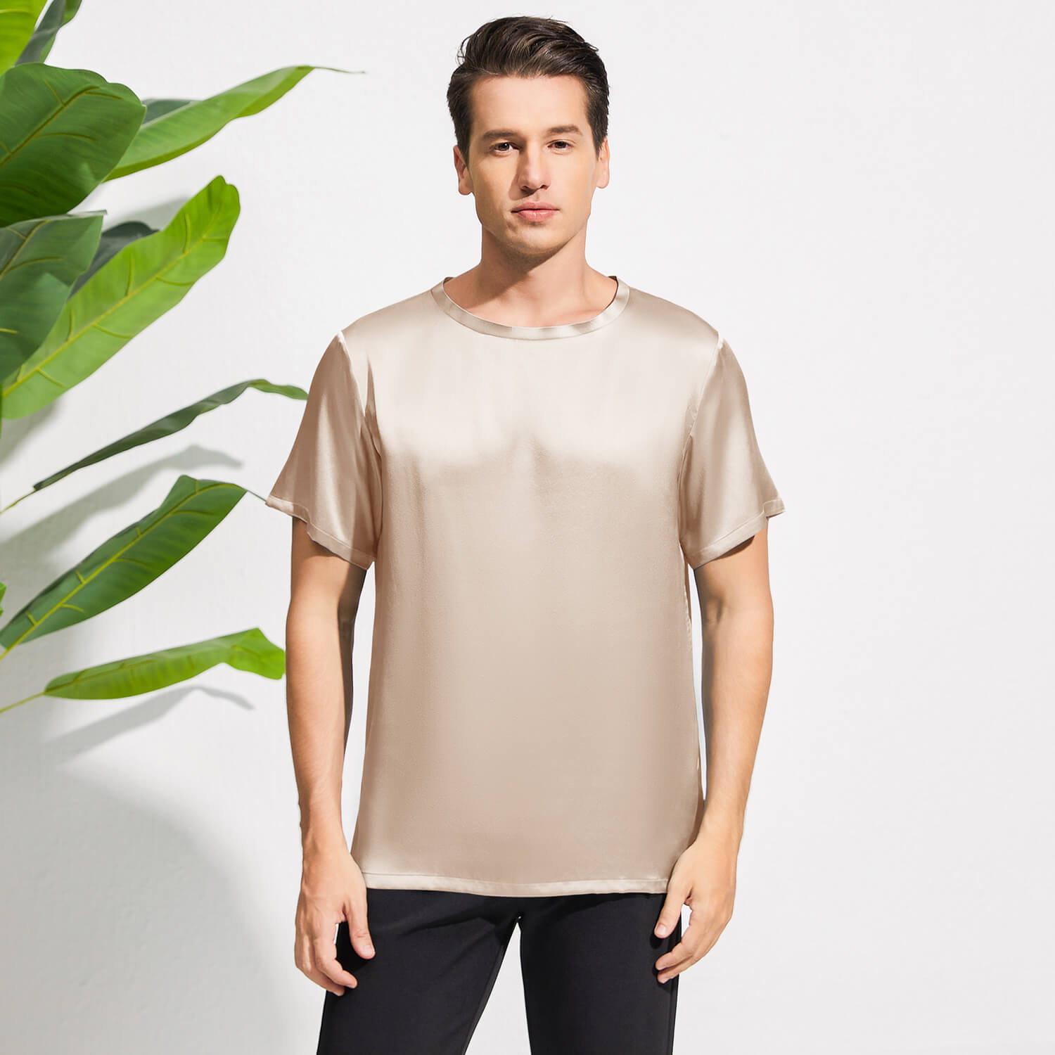 Mens Crew Neck Silk T Shirt Short Sleeve Silk Round Collar Tee Champagne XS