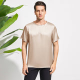 Mens Crew Neck Silk T Shirt Short Sleeve Silk Round Collar Tee Champagne XS