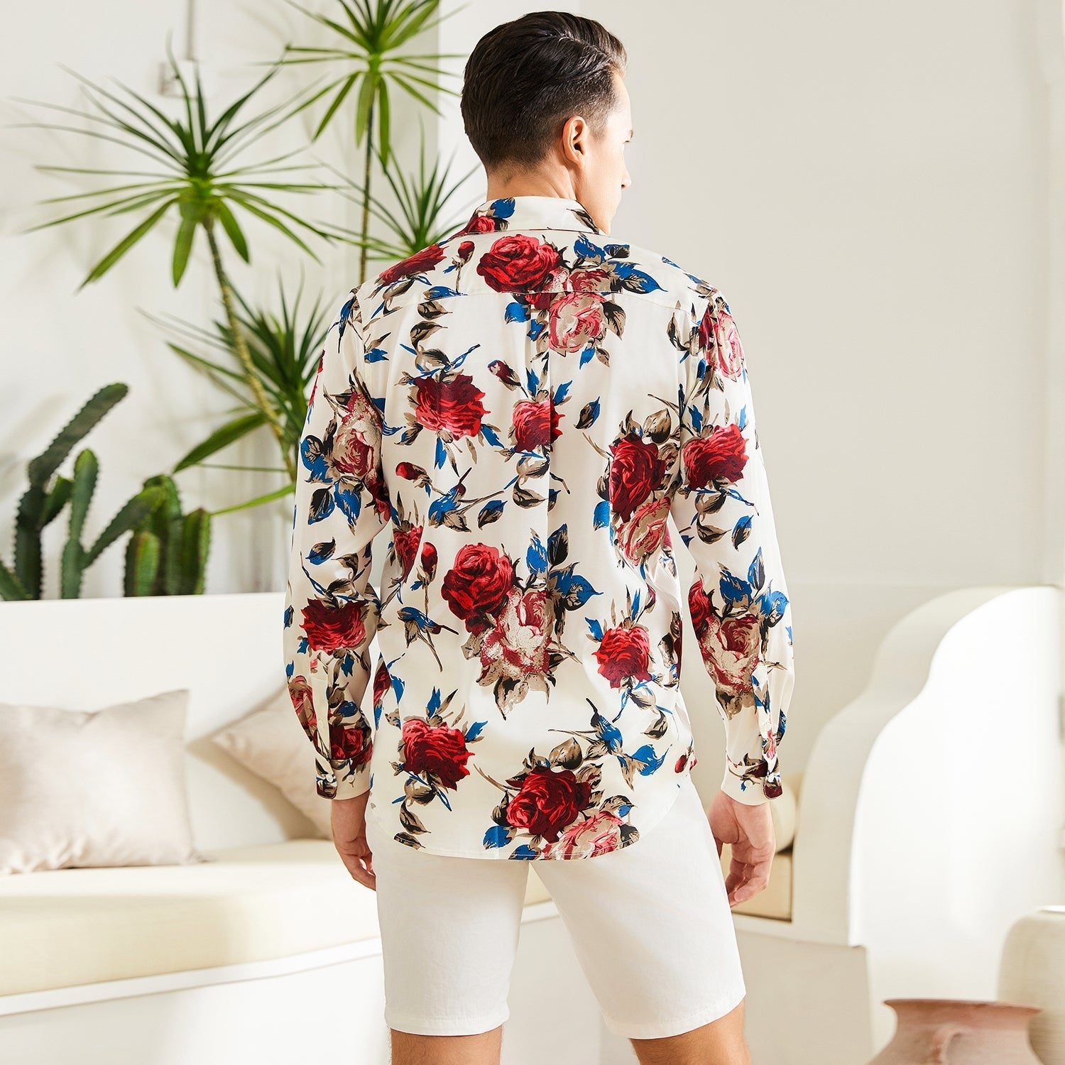 Men's Flower Printed Silk Shirts Button Down Silk Dress Shirt Red XS
