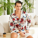 Men's Flower Printed Silk Shirts Button Down Silk Dress Shirt Red XS