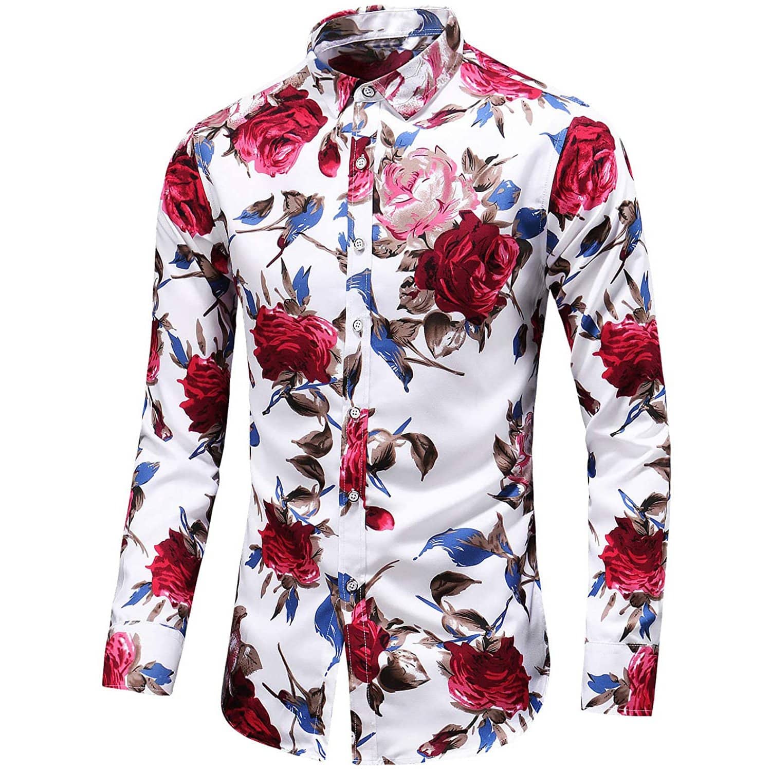 Men's Flower Printed Silk Shirts Button Down Silk Dress Shirt Red XS