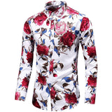 Men's Flower Printed Silk Shirts Button Down Silk Dress Shirt Red XS