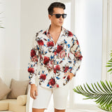 Men's Flower Printed Silk Shirts Button Down Silk Dress Shirt Red XS