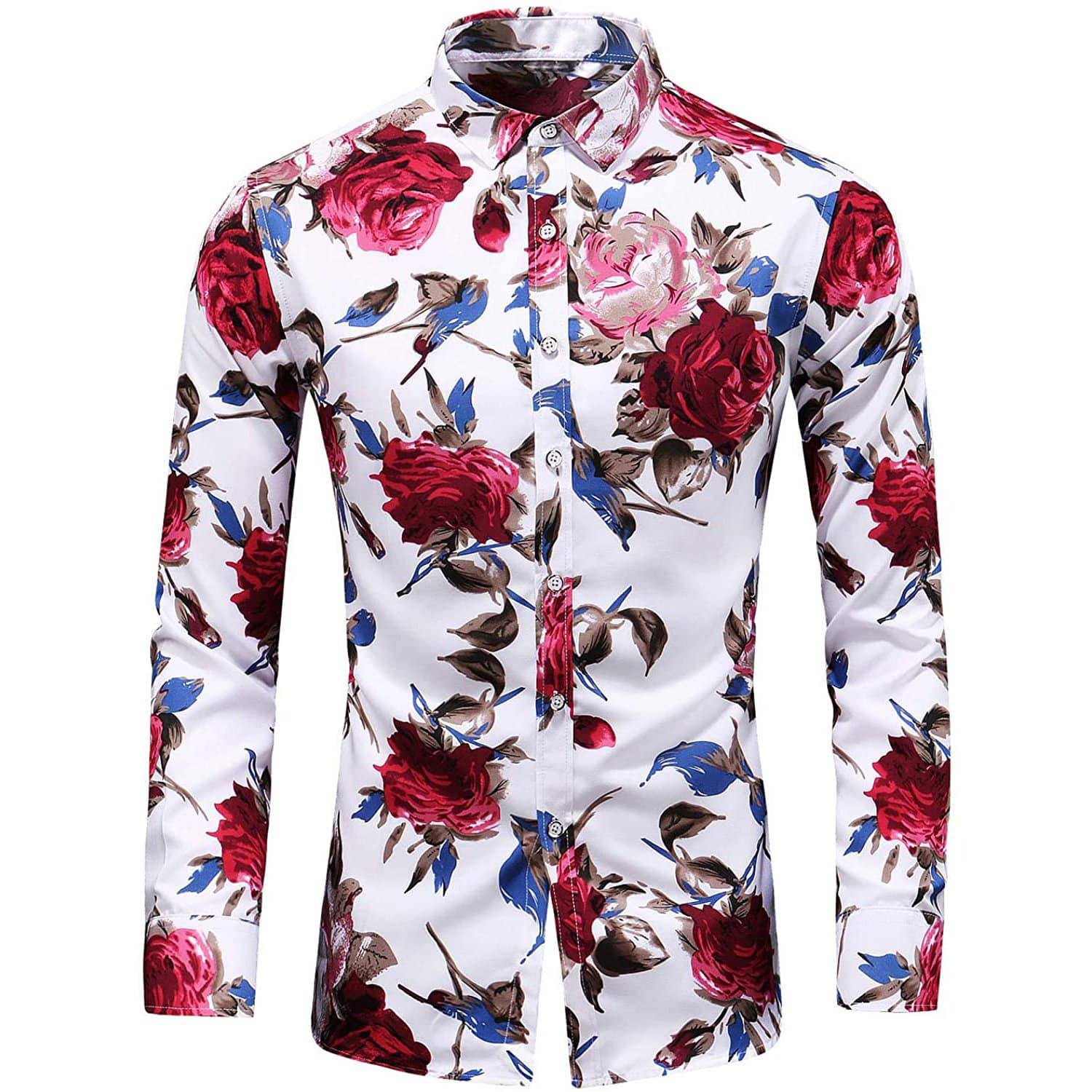 Men's Flower Printed Silk Shirts Button Down Silk Dress Shirt Red XS
