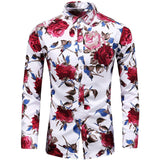 Men's Flower Printed Silk Shirts Button Down Silk Dress Shirt Red XS