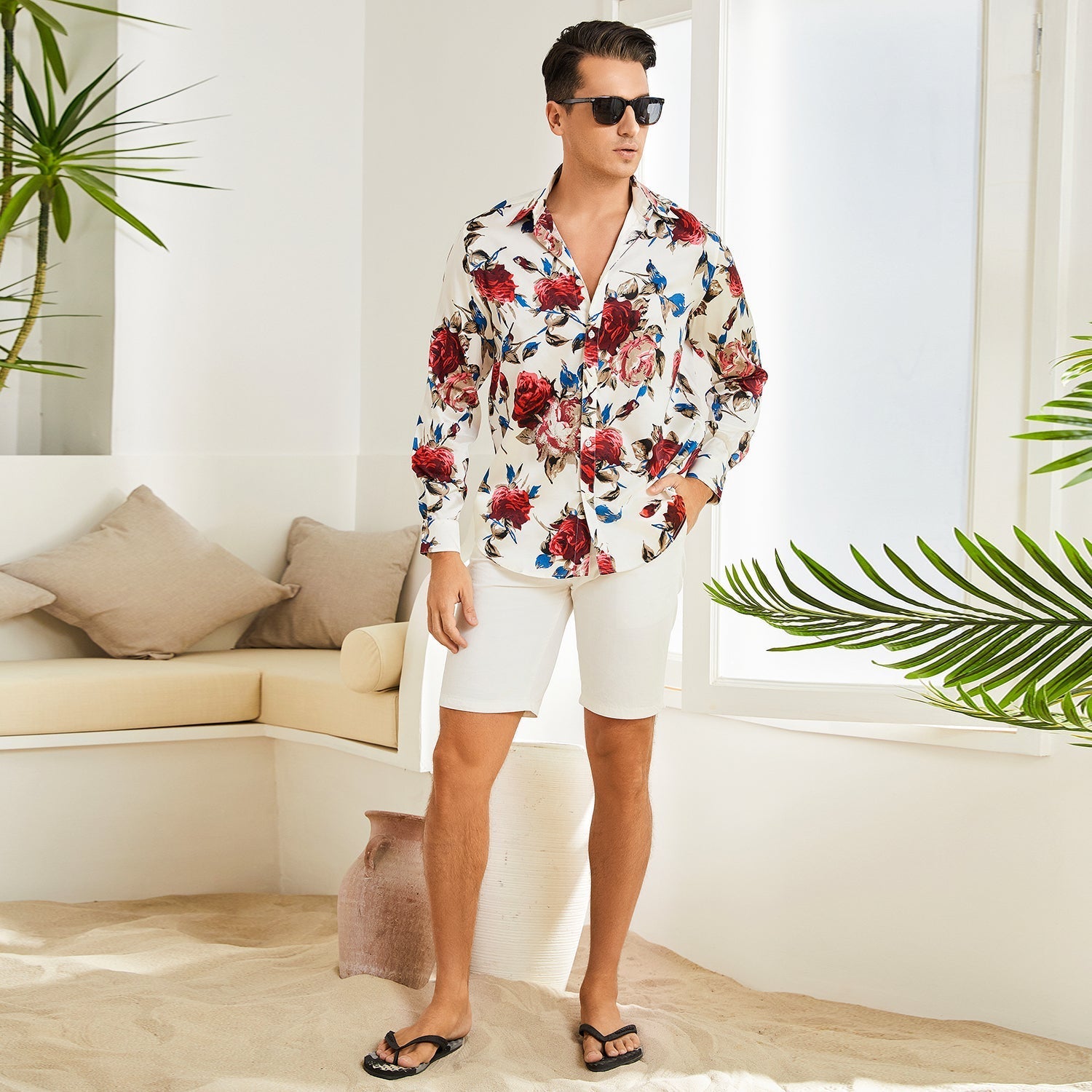 Men's Flower Printed Silk Shirts Button Down Silk Dress Shirt Red XS