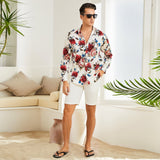 Men's Flower Printed Silk Shirts Button Down Silk Dress Shirt Red XS