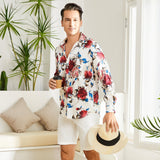Men's Flower Printed Silk Shirts Button Down Silk Dress Shirt Red XS