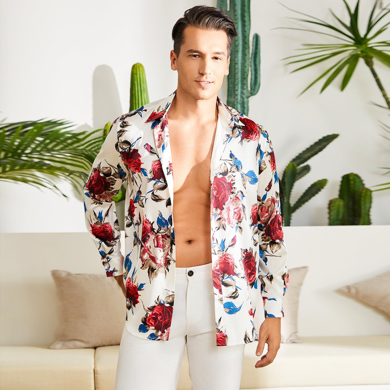 Men's Flower Printed Silk Shirts Button Down Silk Dress Shirt Red XS