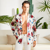 Men's Flower Printed Silk Shirts Button Down Silk Dress Shirt Red XS