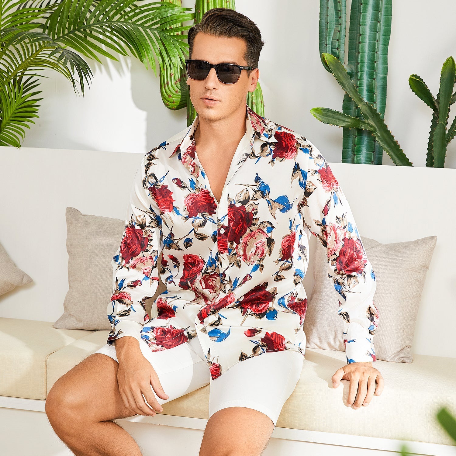Men's Flower Printed Silk Shirts Button Down Silk Dress Shirt Red XS