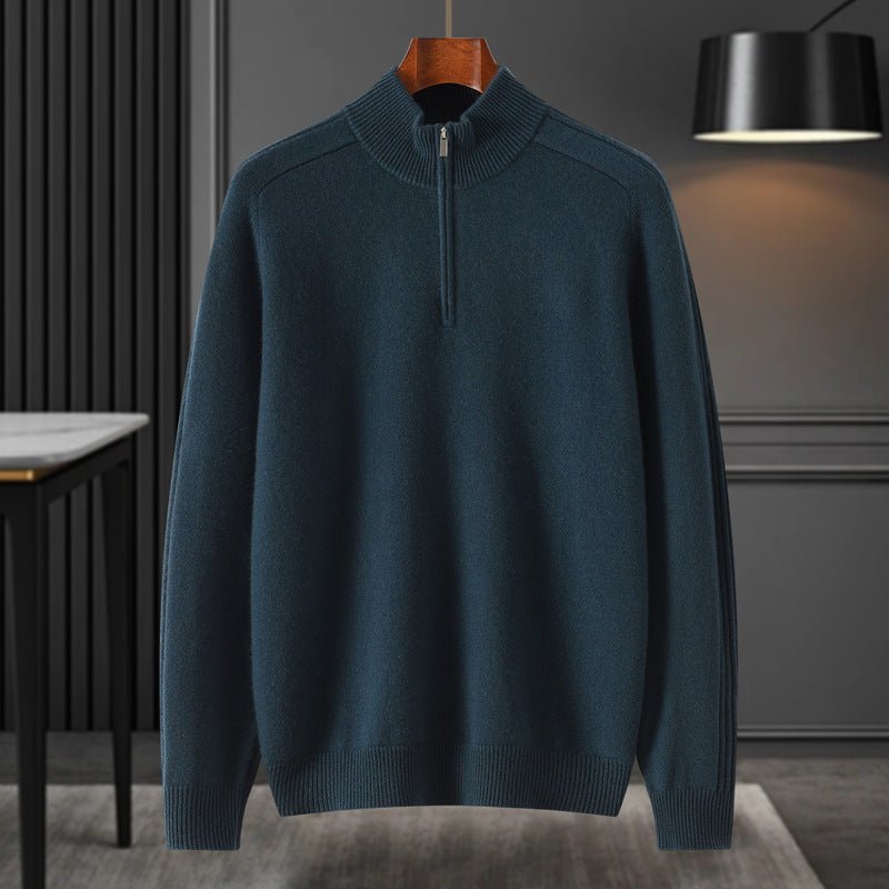 Mens Half - Zip Mock Neck Pure Cashmere Sweater Ribbed Collar Cashmere Pullover Dark Teal XS