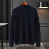 Mens Half - Zip Mock Neck Pure Cashmere Sweater Ribbed Collar Cashmere Pullover Navy XS