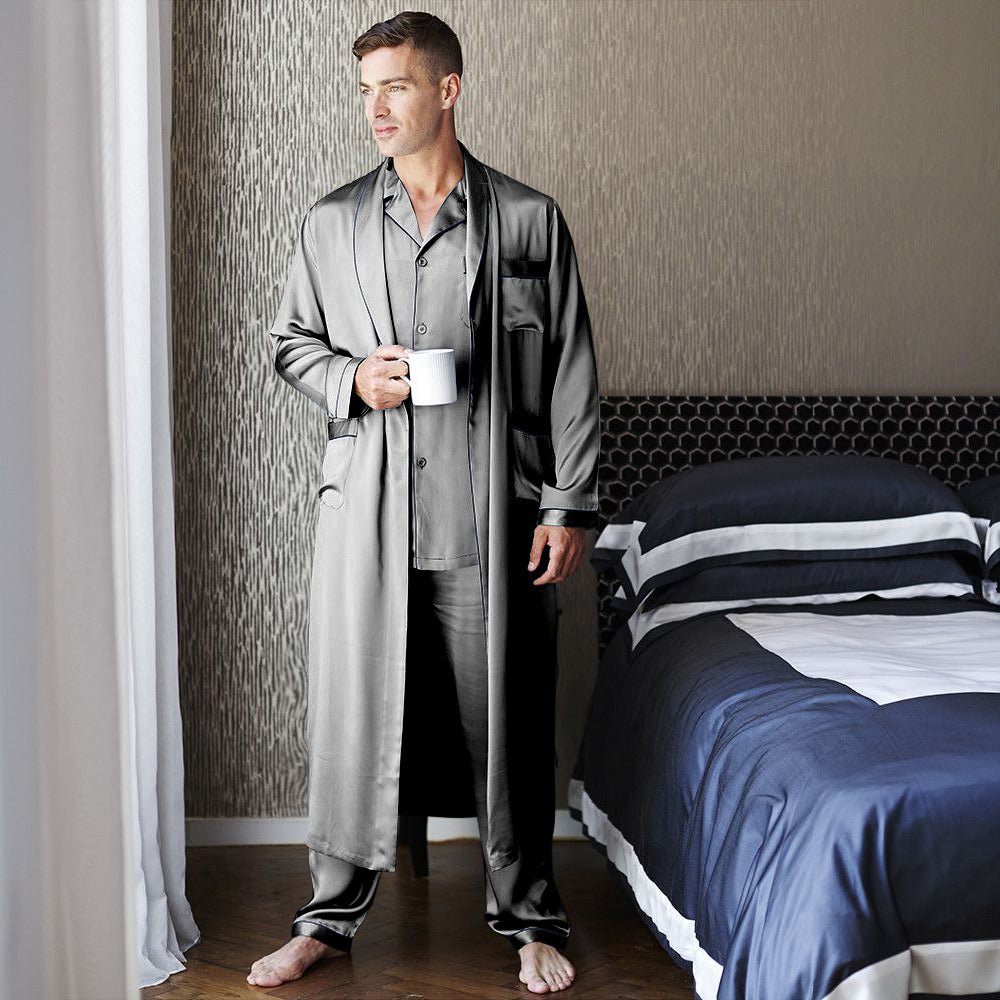 Mens Long Silk Pajamas & Robe Set Full Length Silk Sleepwear
