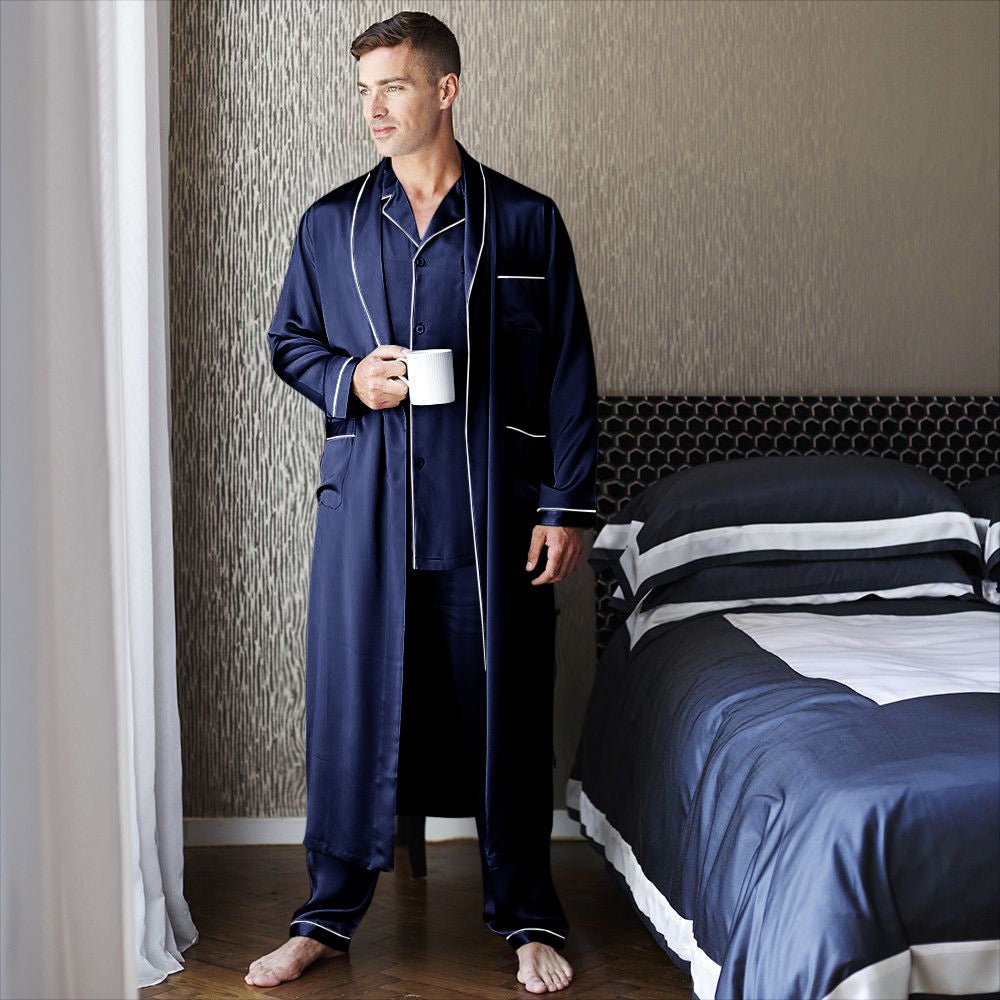 Mens Long Silk Pajamas & Robe Set Full Length Silk Sleepwear Navy Blue XS