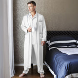 Mens Long Silk Pajamas & Robe Set Full Length Silk Sleepwear White XS