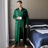 Mens Long Silk Pajamas & Robe Set Full Length Silk Sleepwear Green XS
