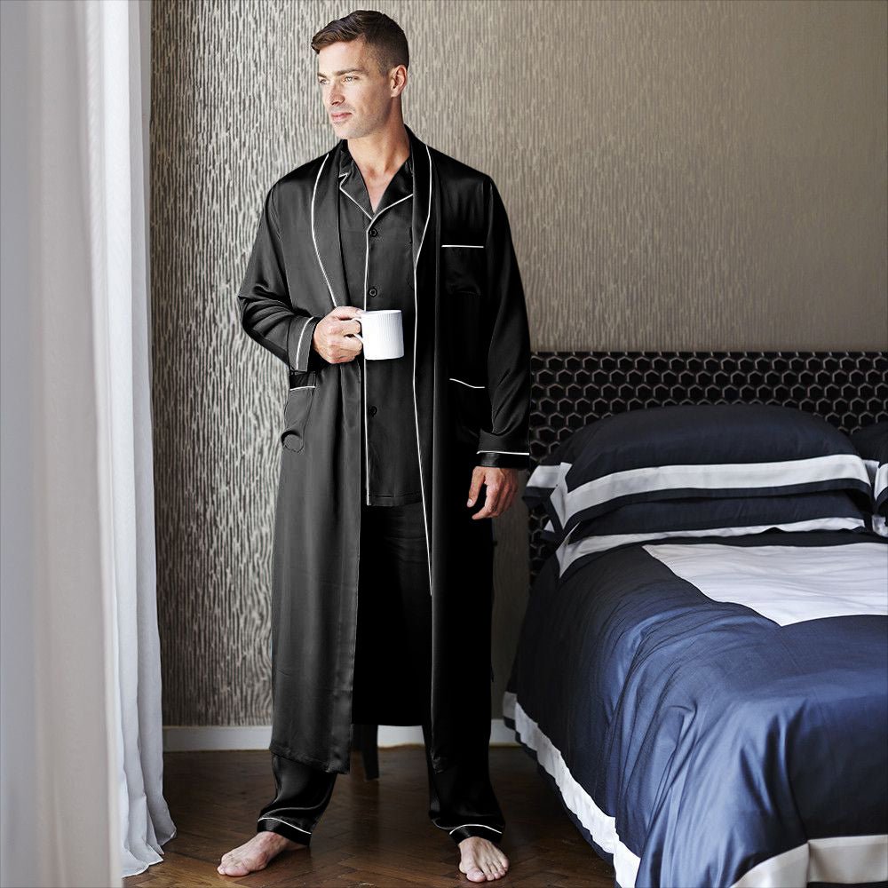 Mens Long Silk Pajamas & Robe Set Full Length Silk Sleepwear Black XS