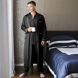 Mens Long Silk Pajamas & Robe Set Full Length Silk Sleepwear Black XS