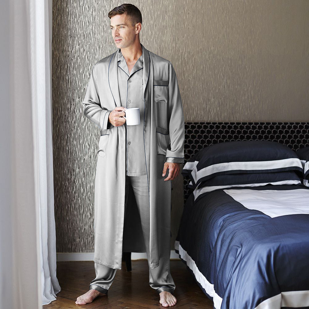 Mens Long Silk Pajamas & Robe Set Full Length Silk Sleepwear Silver Gray XS