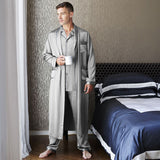 Mens Long Silk Pajamas & Robe Set Full Length Silk Sleepwear Silver Gray XS