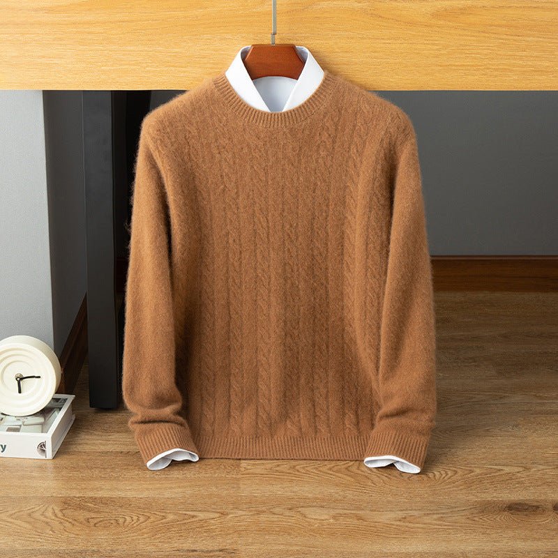 Mens Cable Knit Cashmere Sweater Crew Neck Ribbed Hem Soft Knit Camel XS