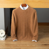 Mens Cable Knit Cashmere Sweater Crew Neck Ribbed Hem Soft Knit Camel XS