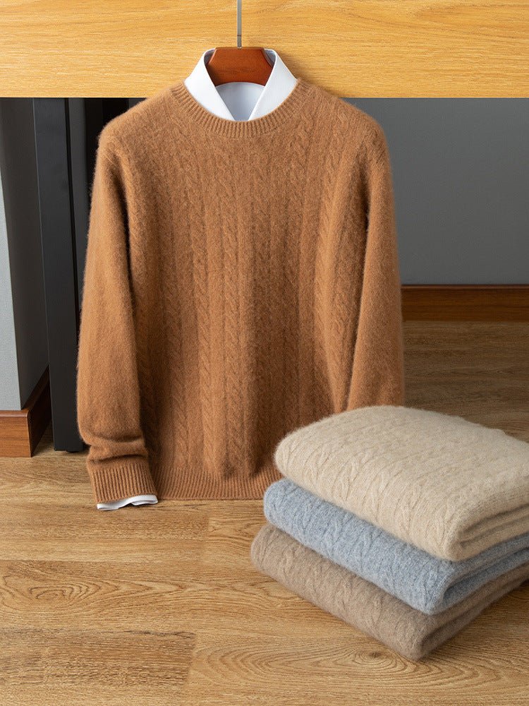 Mens Cable Knit Cashmere Sweater Crew Neck Ribbed Hem Soft Knit Camel XS