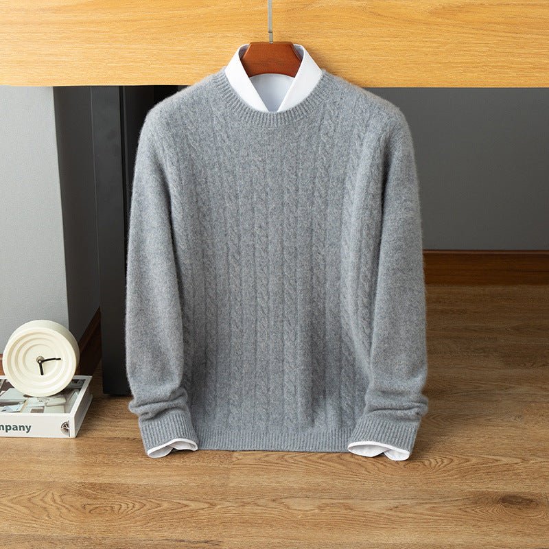 Mens Cable Knit Cashmere Sweater Crew Neck Ribbed Hem Soft Knit Gray XS