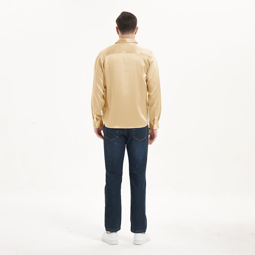 Mens Long Sleeves Silk Shirt Hidden Placket Silk Dress Shirts