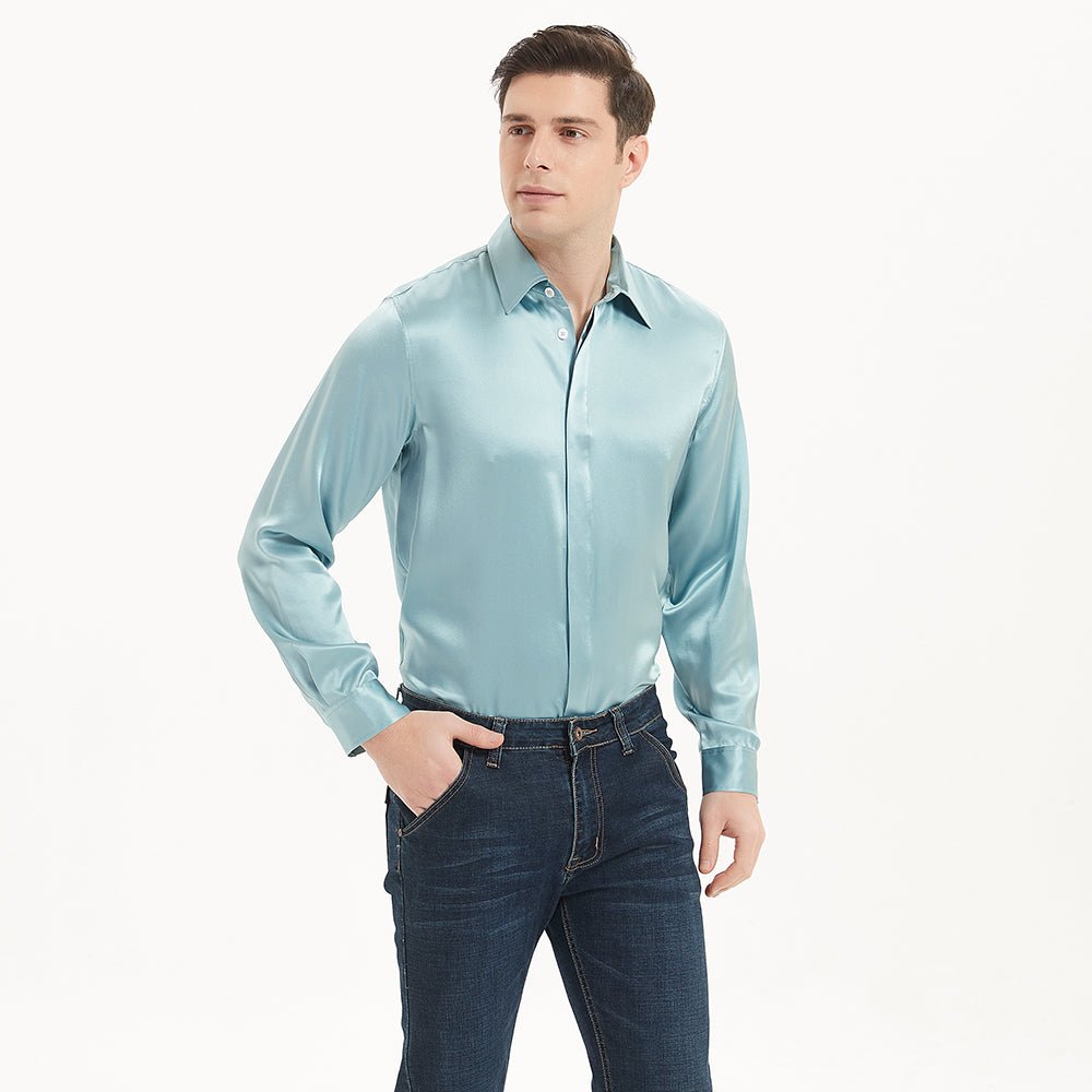 Mens Long Sleeves Silk Shirt Hidden Placket Silk Dress Shirts