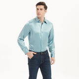 Mens Long Sleeves Silk Shirt Hidden Placket Silk Dress Shirts