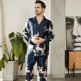 Men's Luxury Silk Pajamas Set Crane Print Mulberry Silk Sleepwear Navy Blue XS