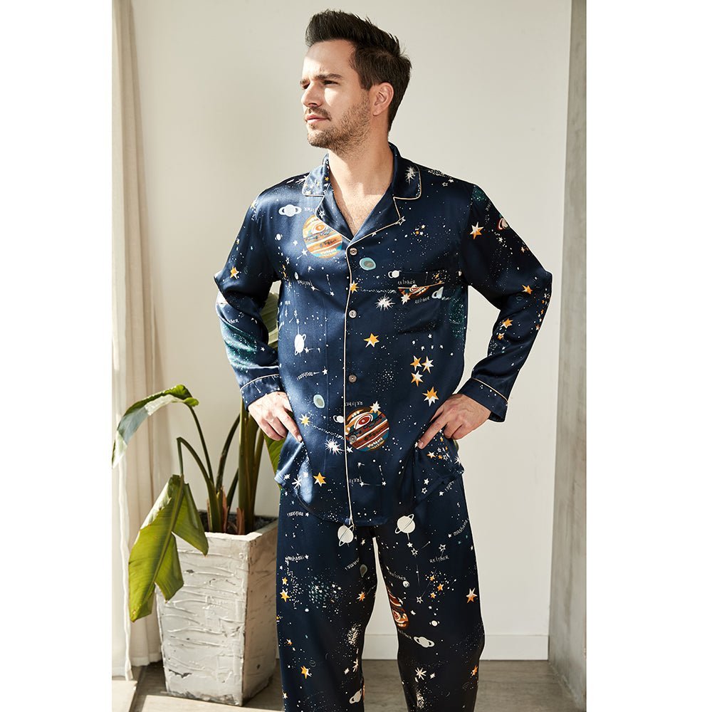Men's Luxury Silk Pajamas Set Galaxy Print Mulberry Silk Sleepwear Navy Blue XS