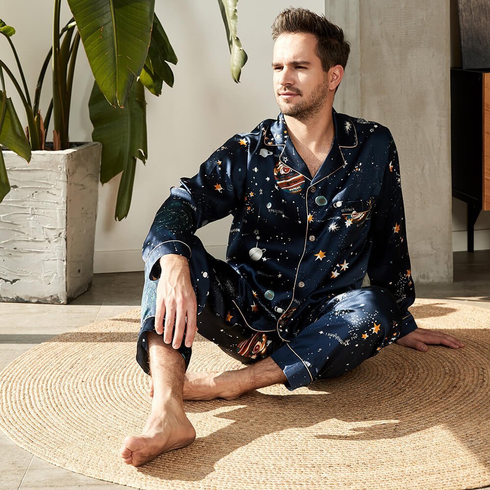 Men's Luxury Silk Pajamas Set Galaxy Print Mulberry Silk Sleepwear Navy Blue XS