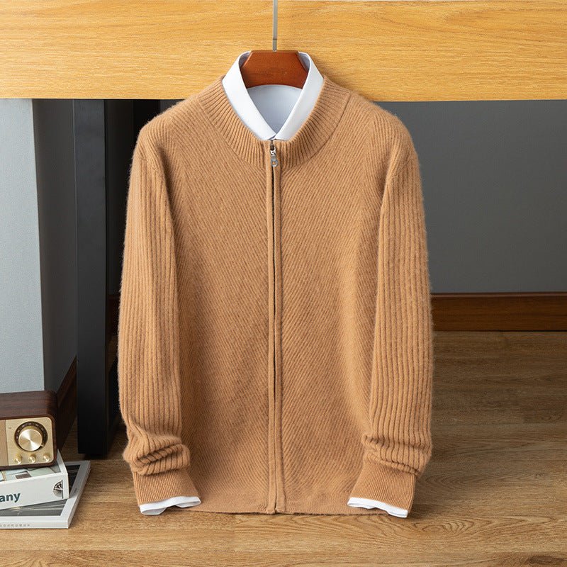 Mens Ribbed Cashmere Zip - Up Sweater Stand Collar Long Sleeve Knit Coat Beige XS