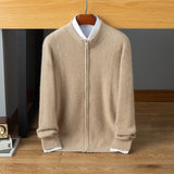 Mens Ribbed Cashmere Zip - Up Sweater Stand Collar Long Sleeve Knit Coat Camel XS