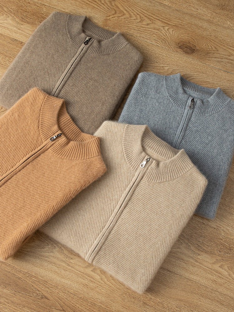 Mens Ribbed Cashmere Zip - Up Sweater Stand Collar Long Sleeve Knit Coat Beige XS