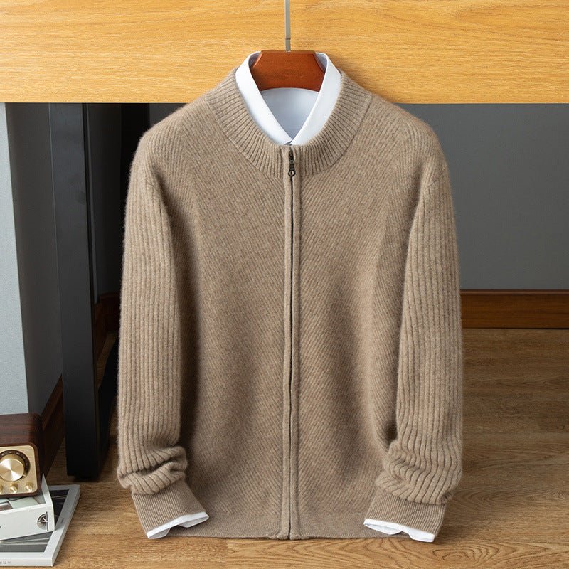 Mens Ribbed Cashmere Zip - Up Sweater Stand Collar Long Sleeve Knit Coat Taupe XS