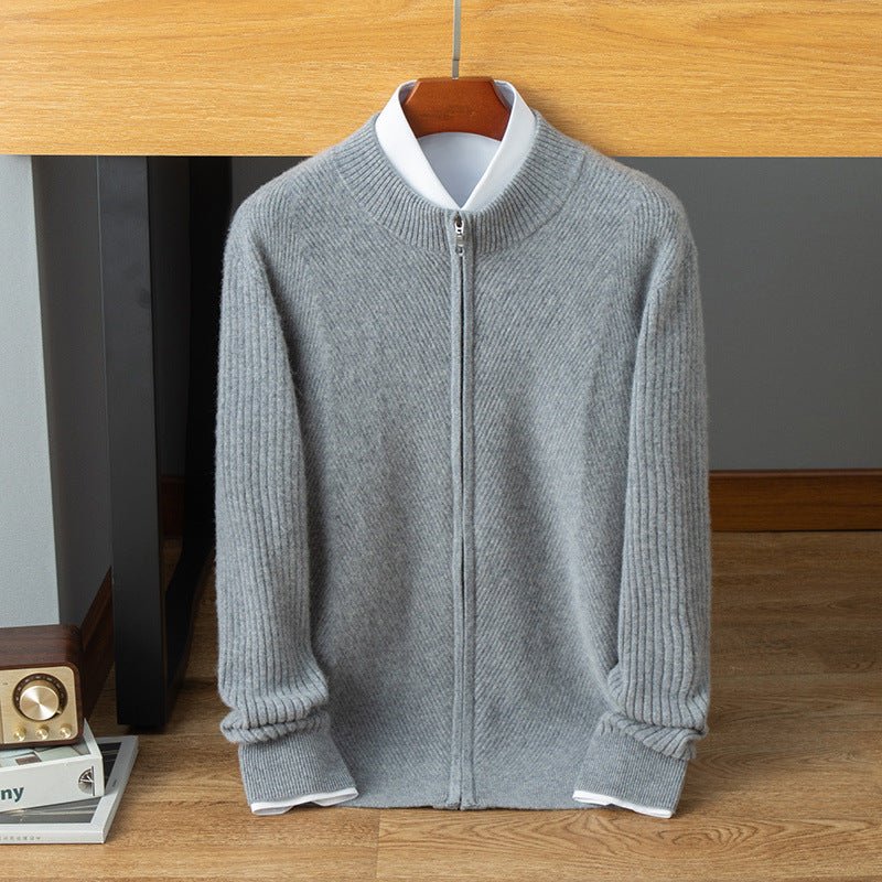Mens Ribbed Cashmere Zip - Up Sweater Stand Collar Long Sleeve Knit Coat Gray XS