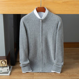 Mens Ribbed Cashmere Zip - Up Sweater Stand Collar Long Sleeve Knit Coat Gray XS