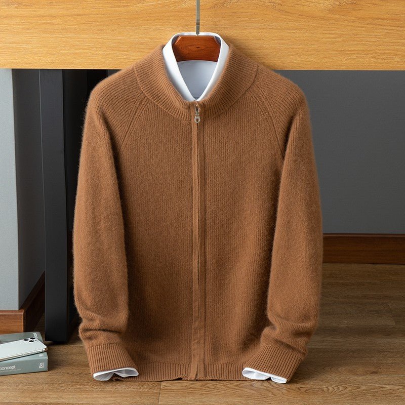Mens Zip - Up Cashmere Sweater Stand Collar Long Sleeve Knitted Coat Camel XS