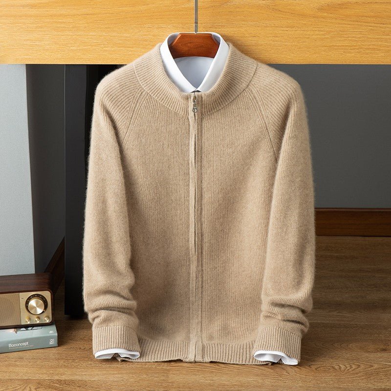 Mens Zip - Up Cashmere Sweater Stand Collar Long Sleeve Knitted Coat Beige XS