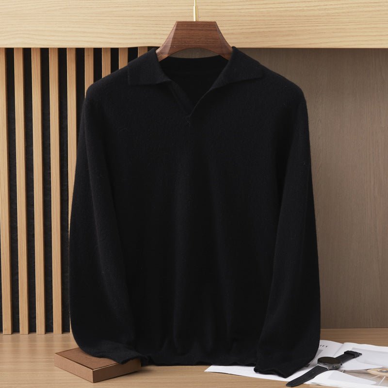 Mens Polo Collar Cashmere Sweater Collared Cashmere Knit Pullover Black XS