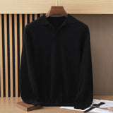 Mens Polo Collar Cashmere Sweater Collared Cashmere Knit Pullover Black XS